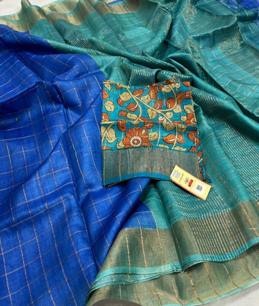 Blue and Sea Green Bishnupuri Checked Zari Tussar Silk Saree |Peepal Clothing