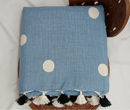 Embroidered Polka Dot Blue Cotton Slub Saree