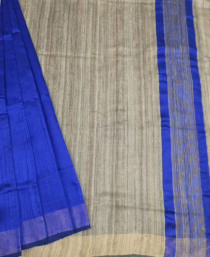 Blue and Natural Tussar Raw Silk Saree