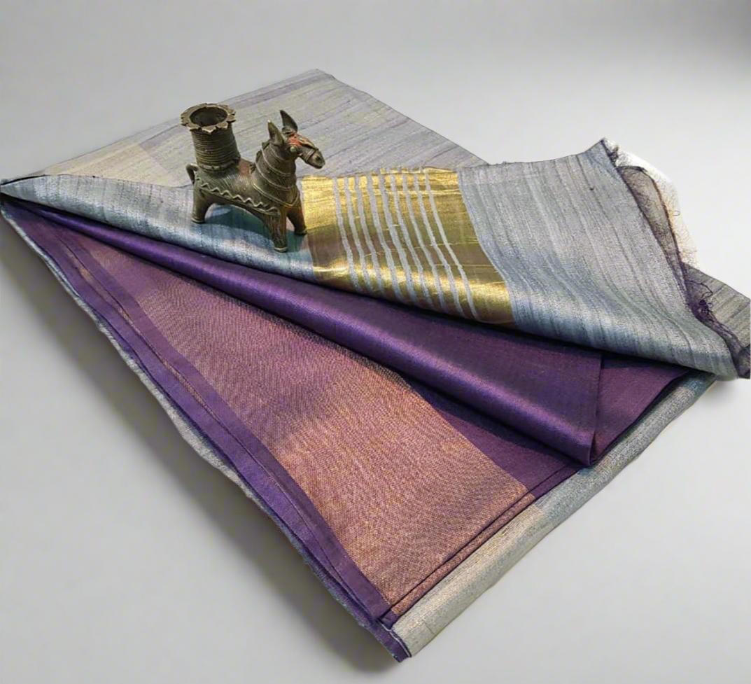 Bluish grey Korean tussar ghicha pallu saree with staple body and Zari border