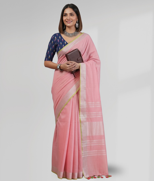 Blush Pink Cotton Slub Saree with Contrast Green Border & Silver Zari Pallu