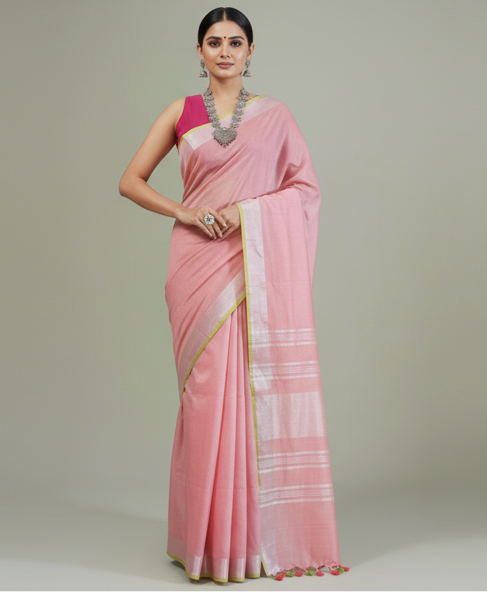 Blush Pink Cotton Slub Saree with Contrast Green Border & Silver Zari Pallu