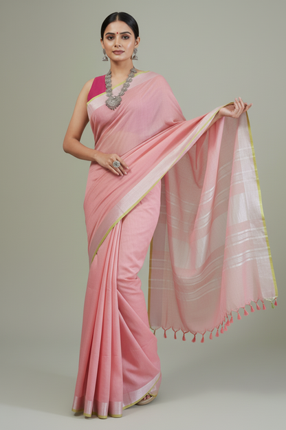 Blush Pink Cotton Slub Saree with Contrast Green Border & Silver Zari Pallu
