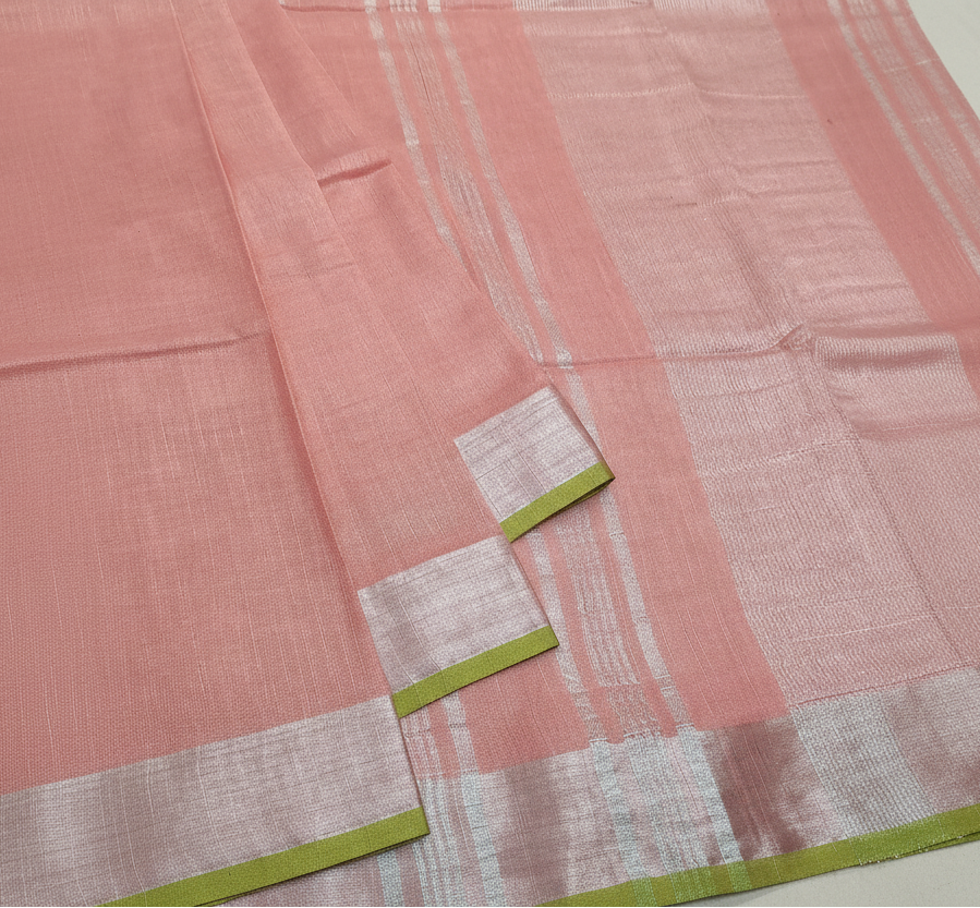 Blush Pink Cotton Slub Saree with Contrast Green Border & Silver Zari Pallu