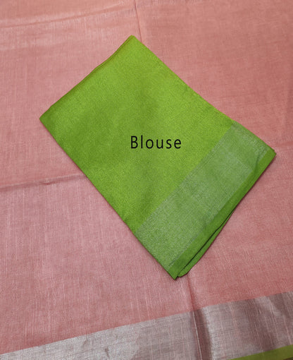 Blush Pink Cotton Slub Saree with Contrast Green Border & Silver Zari Pallu