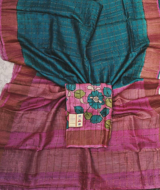 Bottle Green and Magenta Bishnupuri Checked Zari Tussar Silk Saree |Peepal Clothing