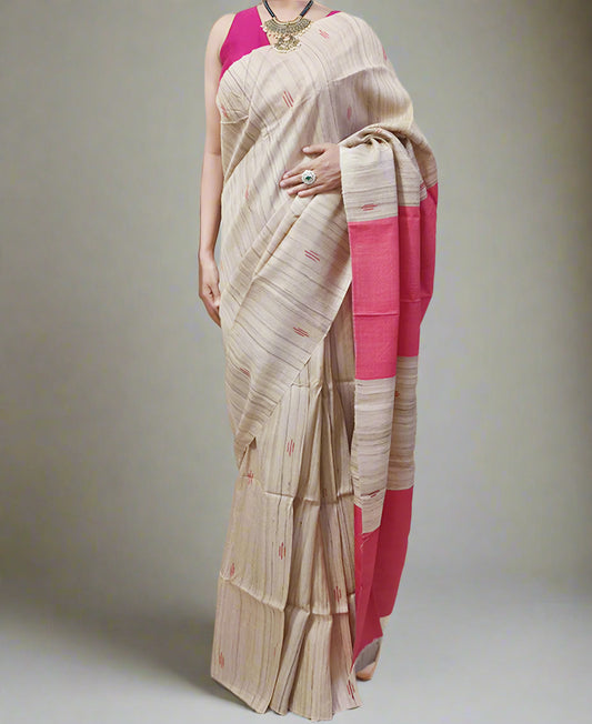 Brick Pink Buta Handloon Tussar Ghicha Silk Saree