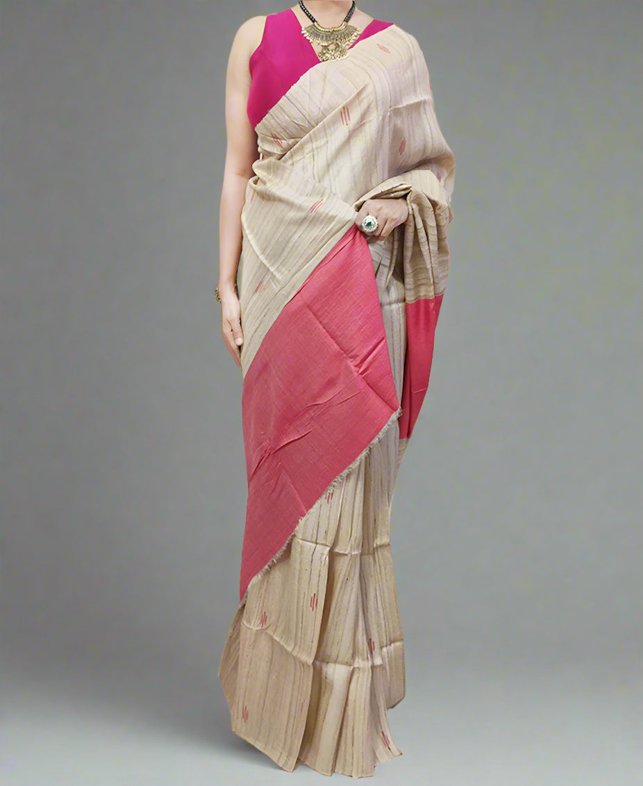 Brick Pink Buta Handloon Tussar Ghicha Silk Saree