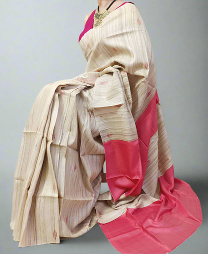 Brick Pink Buta Handloon Tussar Ghicha Silk Saree