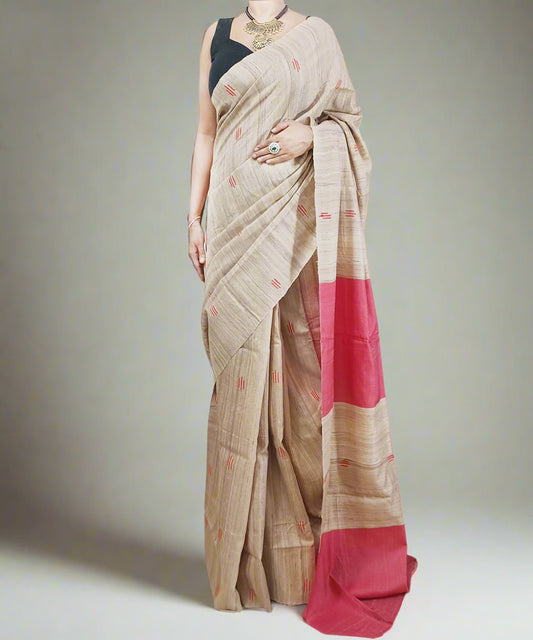 Brick Pink Buta Handloon Tussar Ghicha Silk Saree