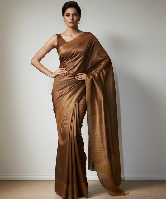 Brown Tussar Munga Silk Saree