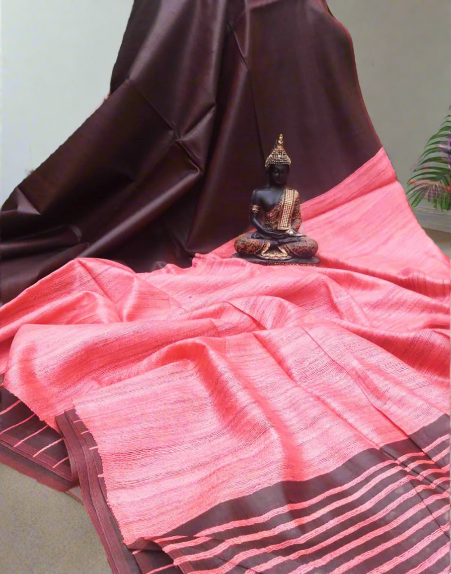 Brown and Pink Korean tussar ghicha pallu saree with staple body