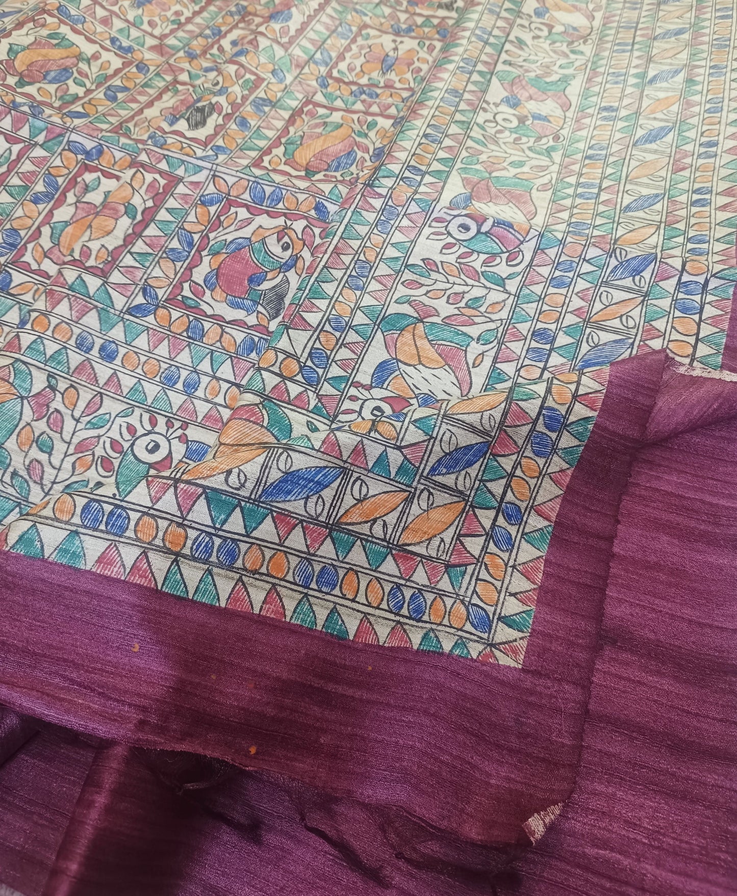 Burgundy Madhubani Hand Painted Silk Saree