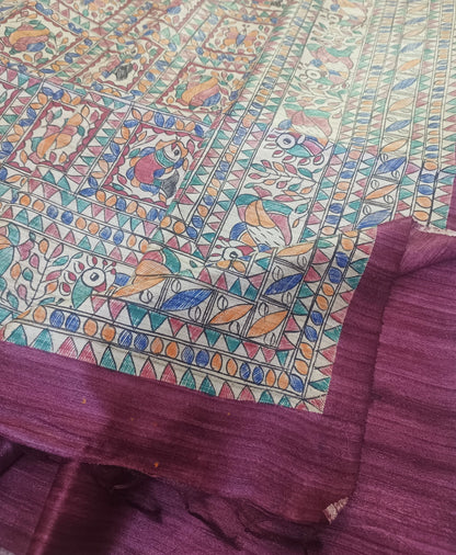 Burgundy Madhubani Hand Painted Silk Saree