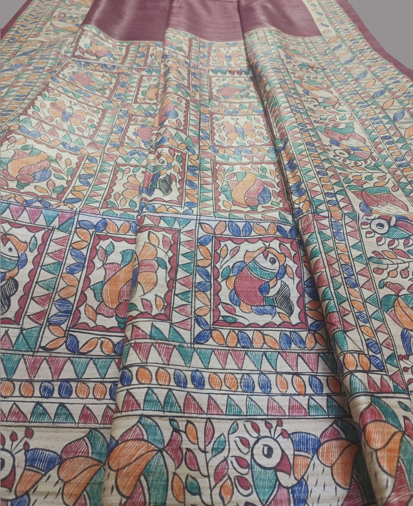 Burgundy Madhubani Hand Painted Silk Saree