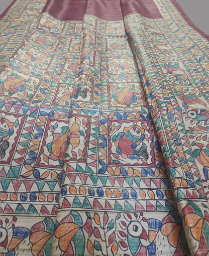 Burgundy Madhubani Hand Painted Silk Saree