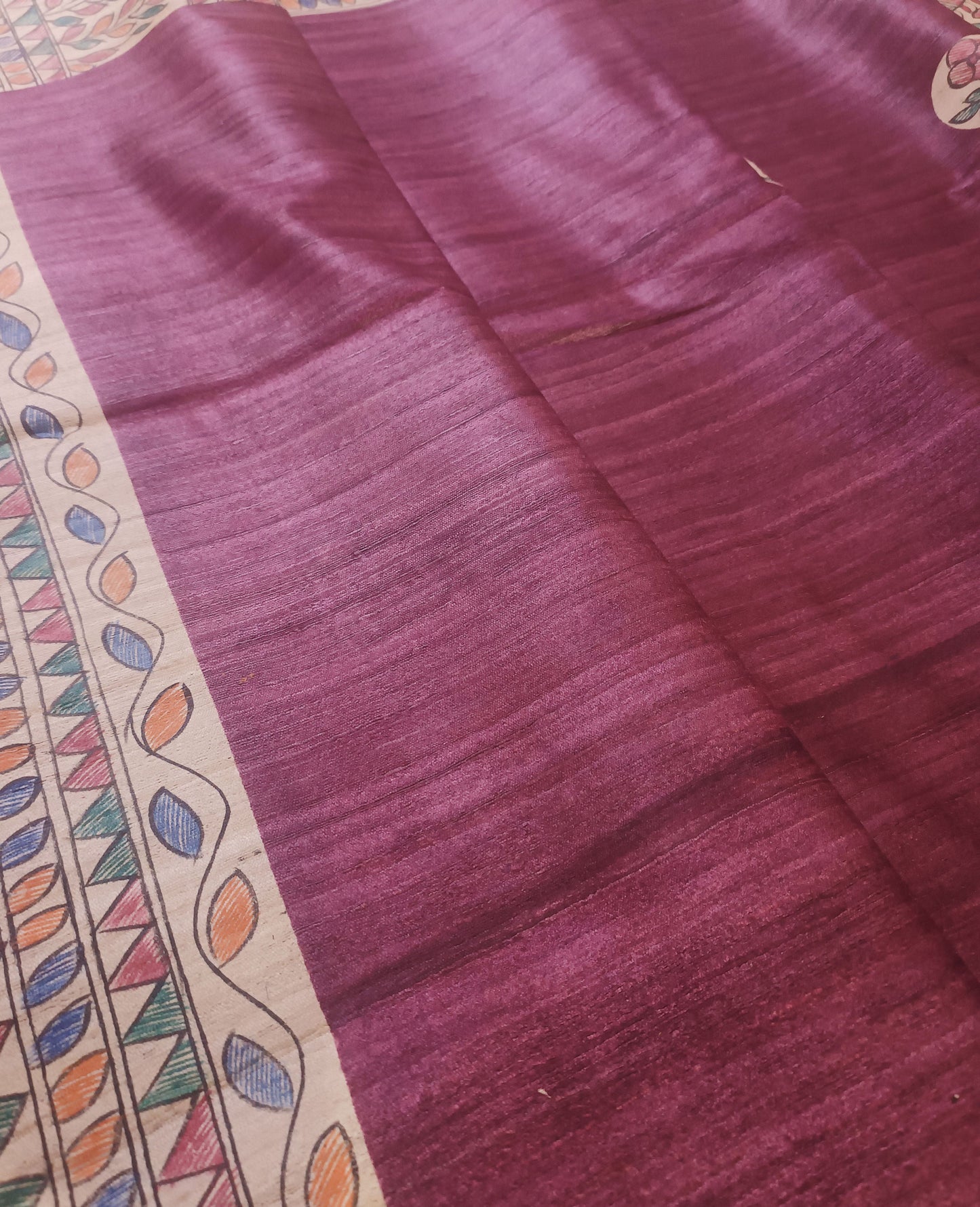 Burgundy Madhubani Hand Painted Silk Saree