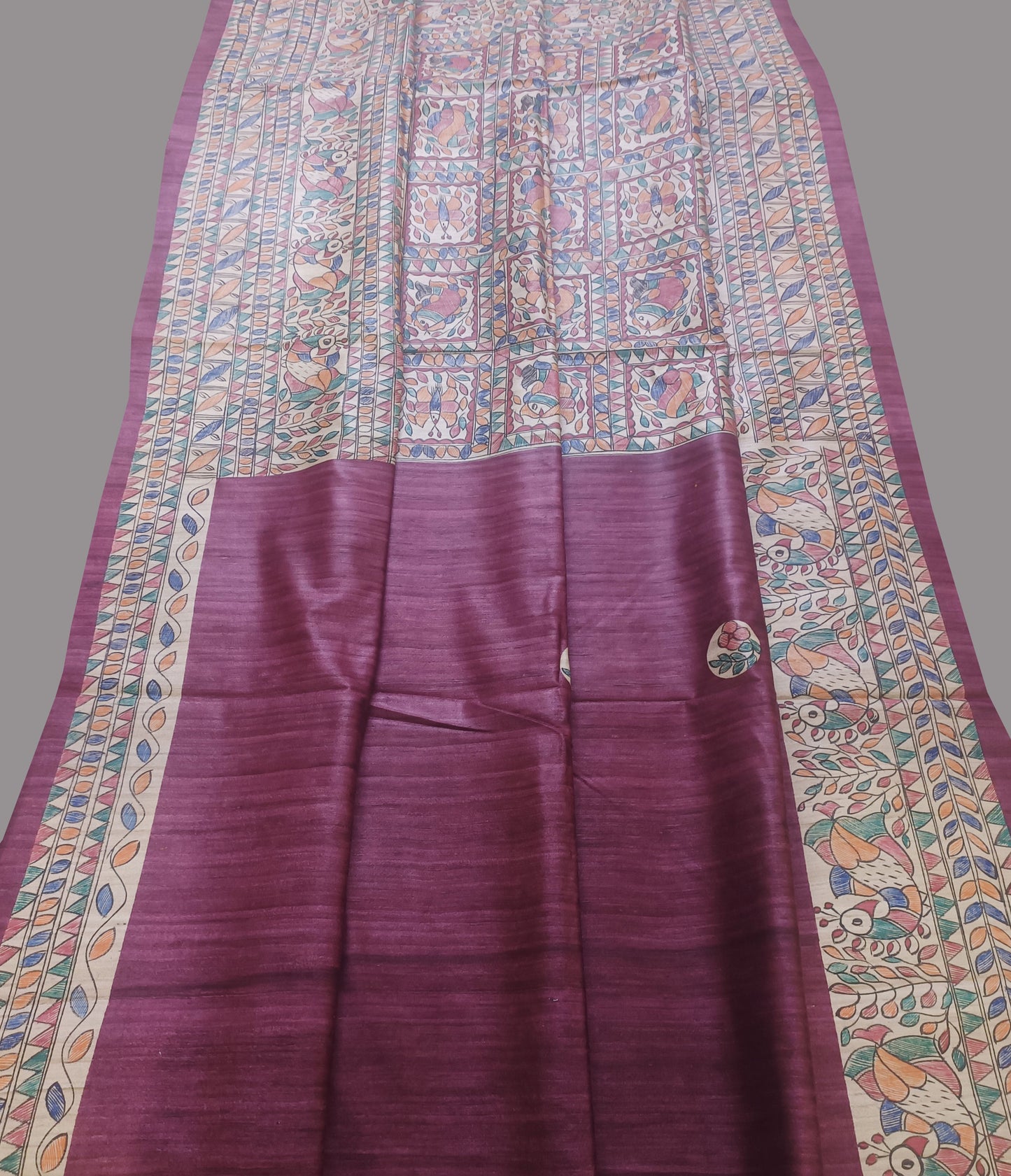 Burgundy Madhubani Hand Painted Silk Saree