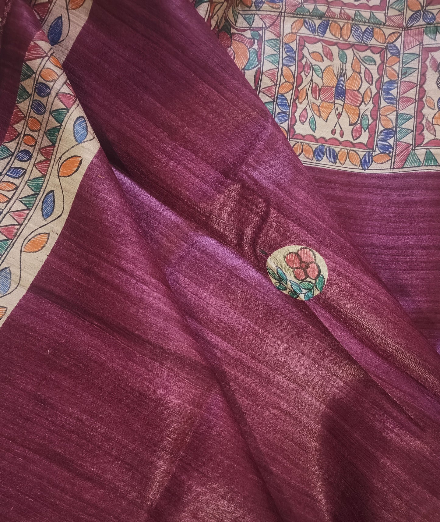 Burgundy Madhubani Hand Painted Silk Saree