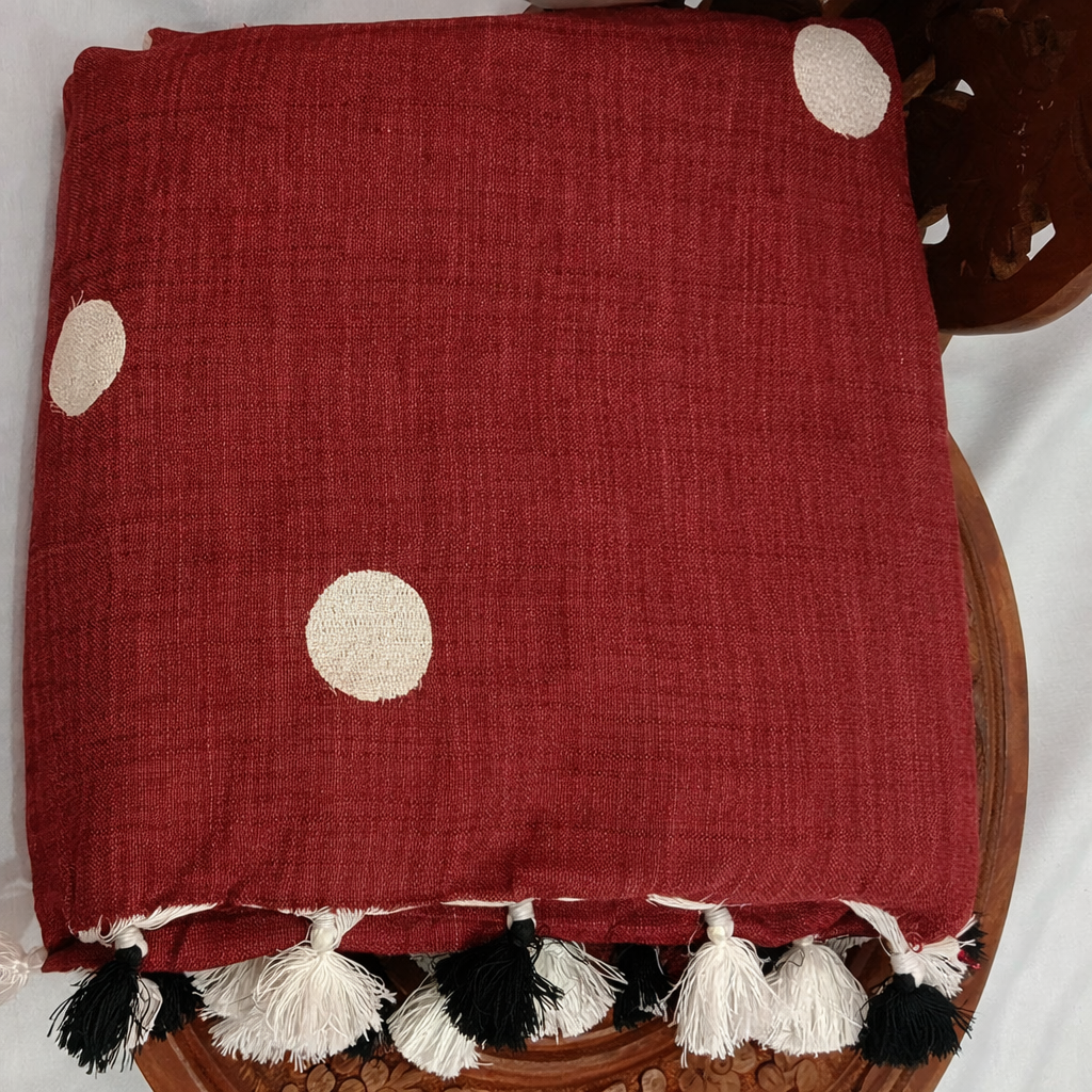 Embroidered Polka Dot Maroon Cotton Slub Saree