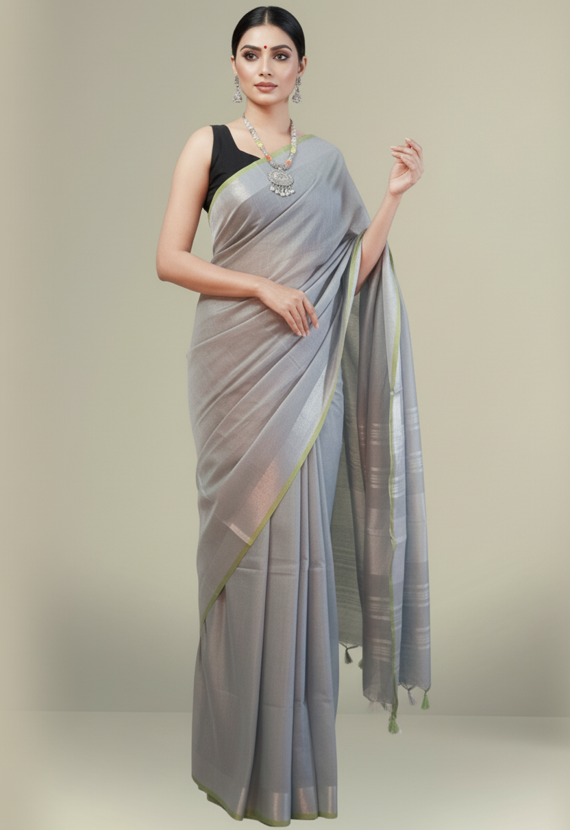 Chic Grey Cotton Slub Saree with Lime Green Contrast Border & Silver Striped Pallu