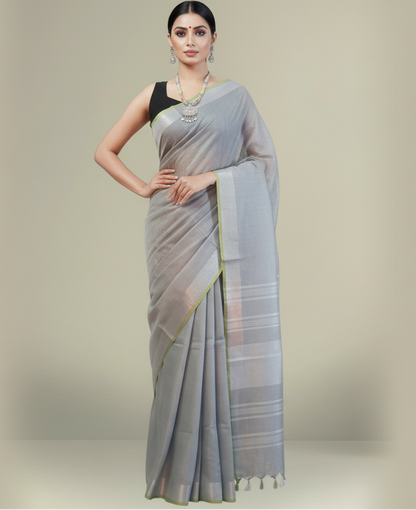 Chic Grey Cotton Slub Saree with Lime Green Contrast Border & Silver Striped Pallu
