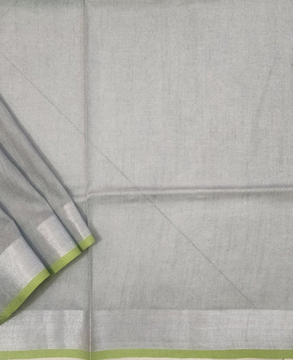 Chic Grey Cotton Slub Saree with Lime Green Contrast Border & Silver Striped Pallu