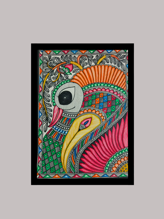 Close-Up Madhubani Peacock Portrait - Stylized Mayur in Bharni & Kachni | Vibrant Folk Art