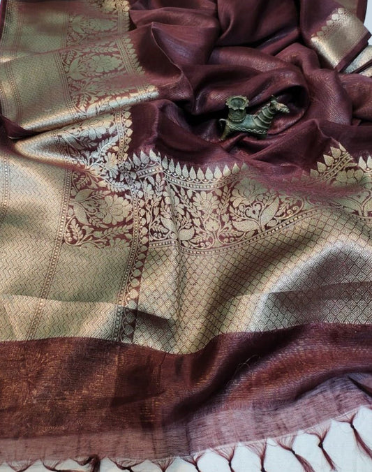 Coffee Pure Silk Linen Banarasi Saree