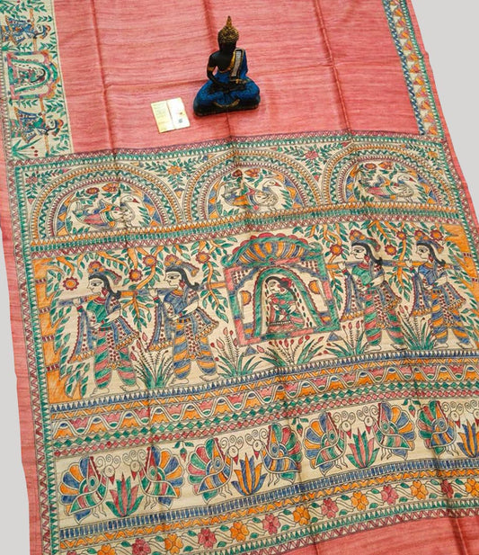 Coral Madhubani Hand Painted Tussar Ghicha Silk Saree | Peepal Clothing