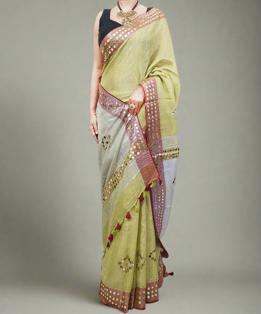 Corn Yellow Mirror Embroidered Linen Saree