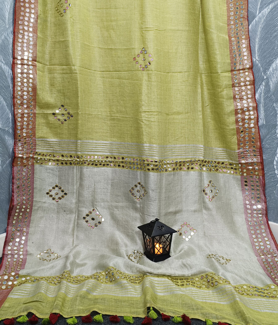 Corn Yellow Mirror Embroidered Linen Saree