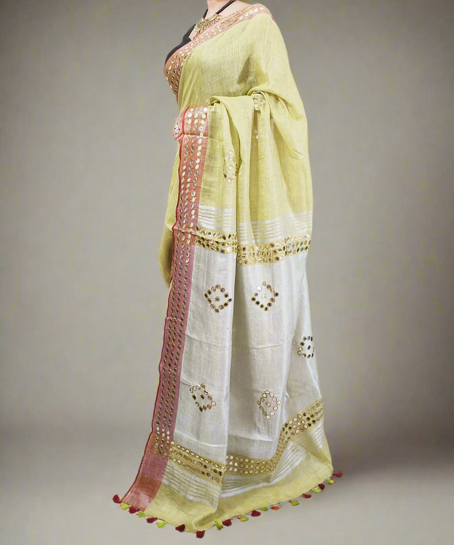 Corn Yellow Mirror Embroidered Linen Saree