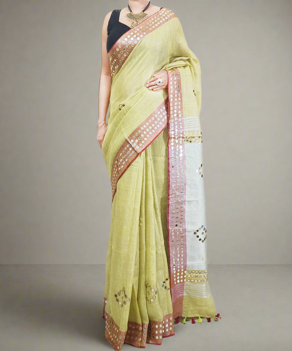 Corn Yellow Mirror Embroidered Linen Saree