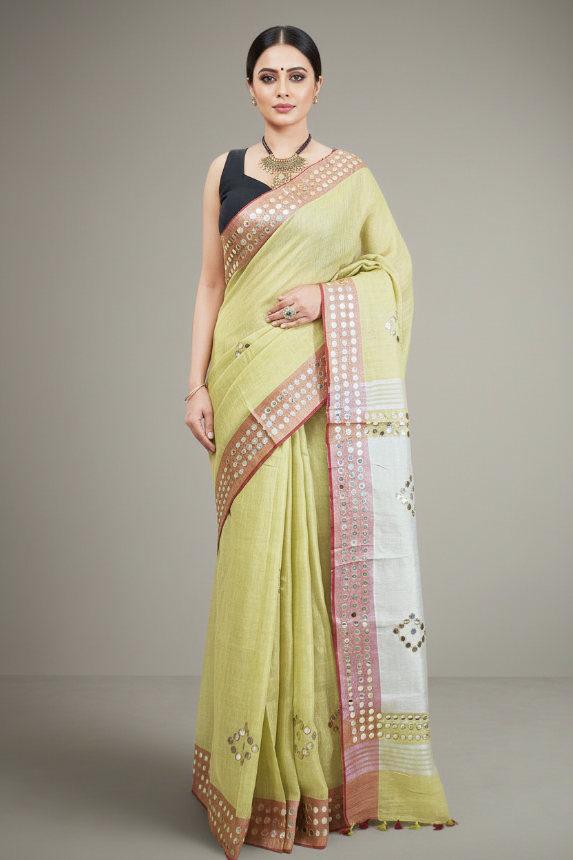 Corn Yellow Mirror Embroidered Linen Saree