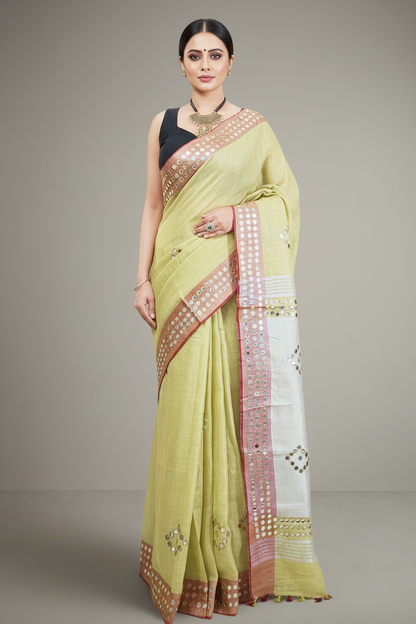 Corn Yellow Mirror Embroidered Linen Saree