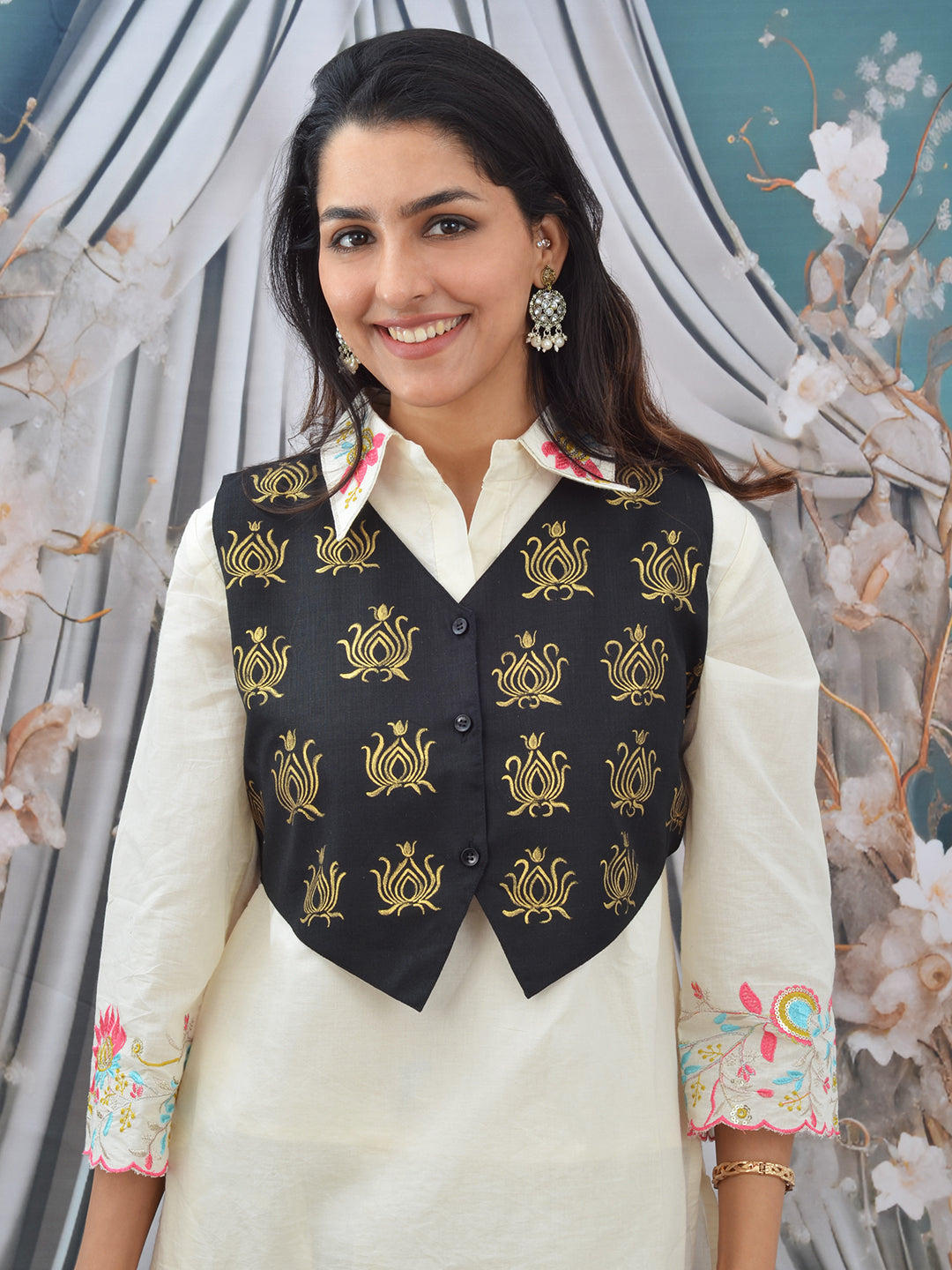 Black Madhubani Hand Painted Woman’s Cotton Waistcoat