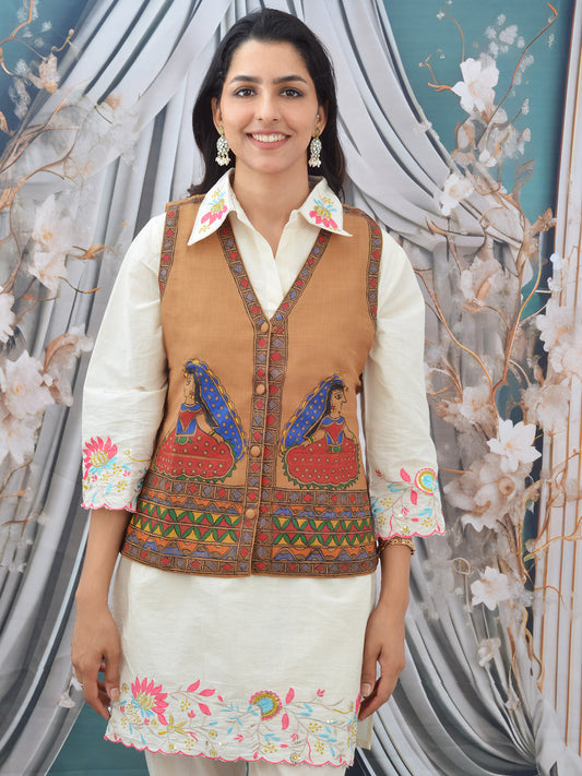 Hand-Painted Beige Madhubani Cotton Waistcoat for Women