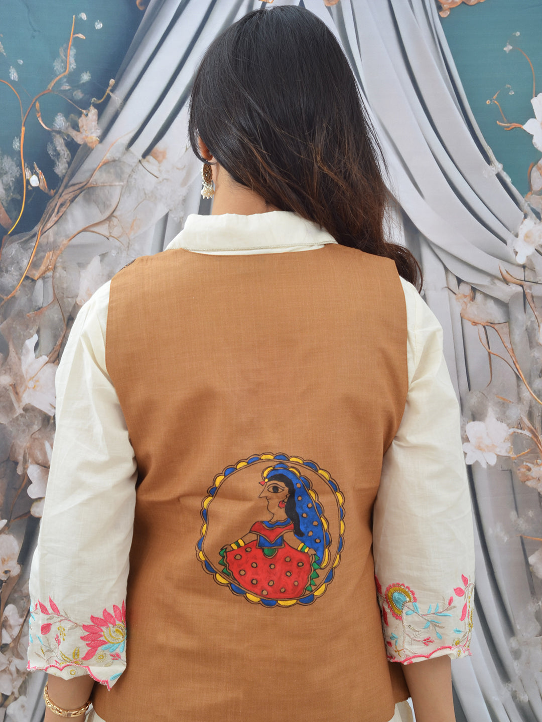 Hand-Painted Beige Madhubani Cotton Waistcoat for Women