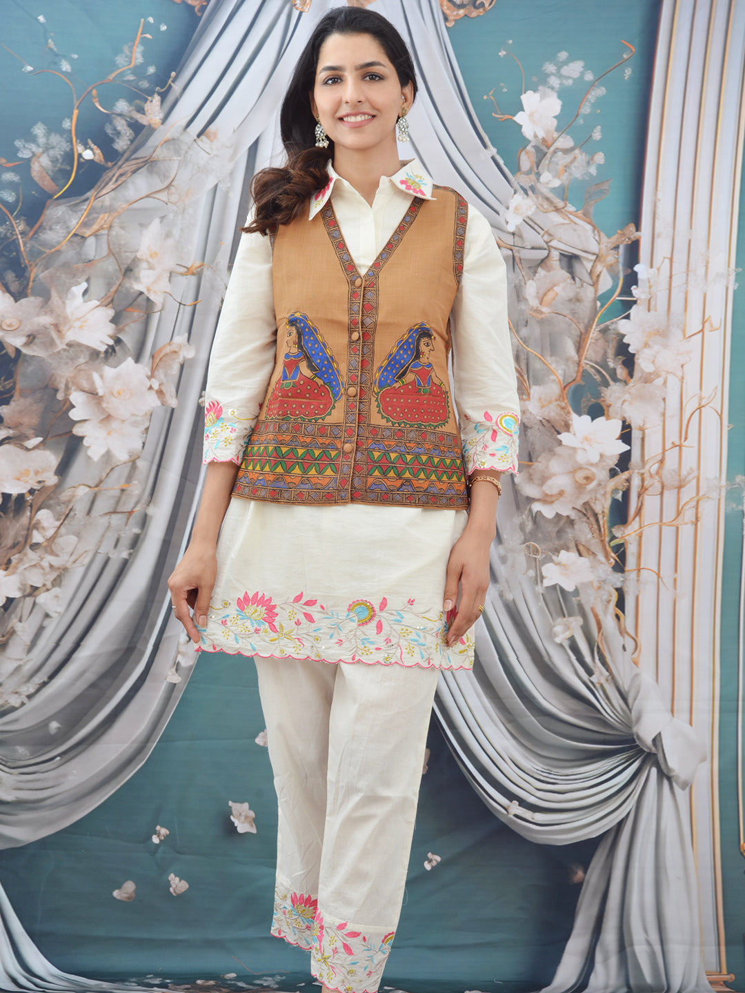 Hand-Painted Beige Madhubani Cotton Waistcoat for Women