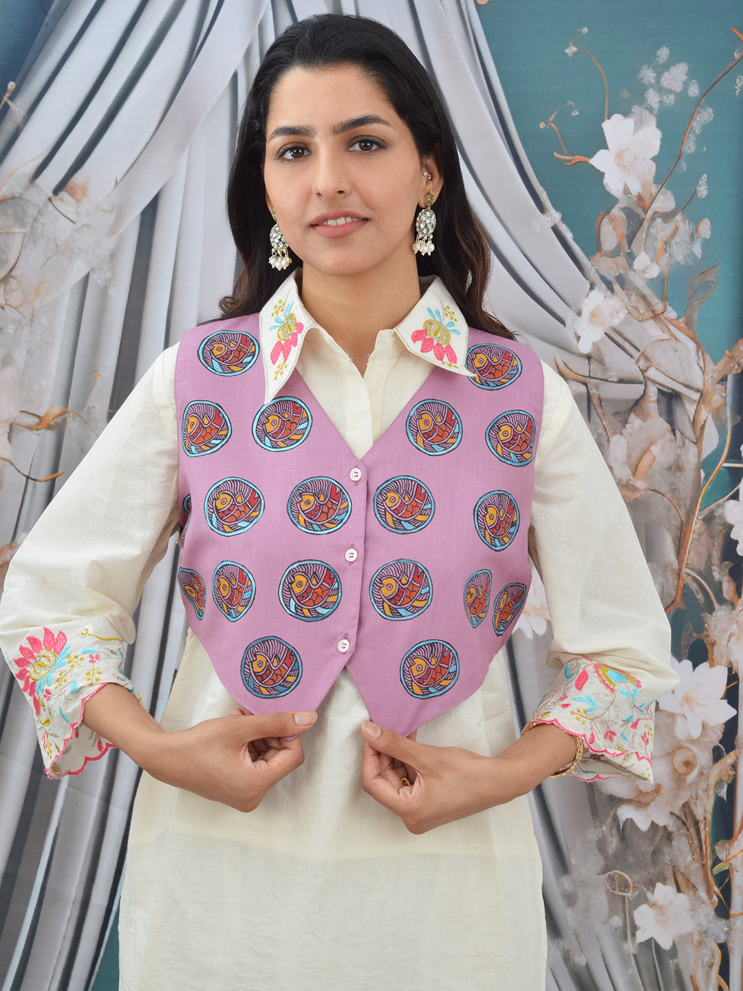 Hand-Painted Pink Madhubani Cotton Waistcoat for Women