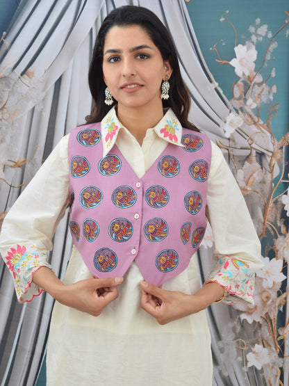 Hand-Painted Pink Madhubani Cotton Waistcoat for Women