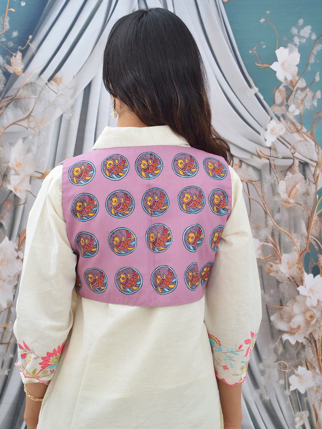 Hand-Painted Pink Madhubani Cotton Waistcoat for Women