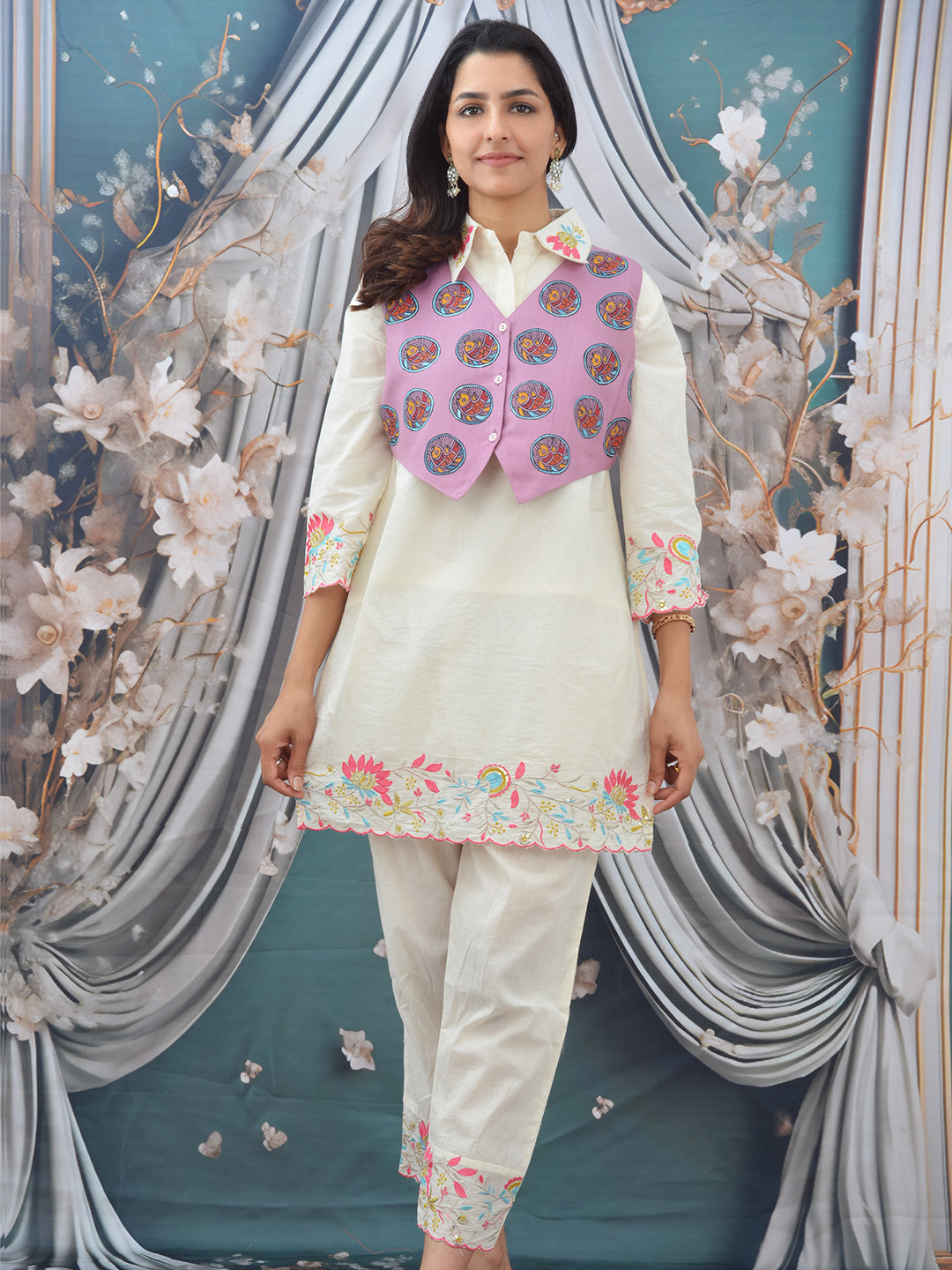 Hand-Painted Pink Madhubani Cotton Waistcoat for Women