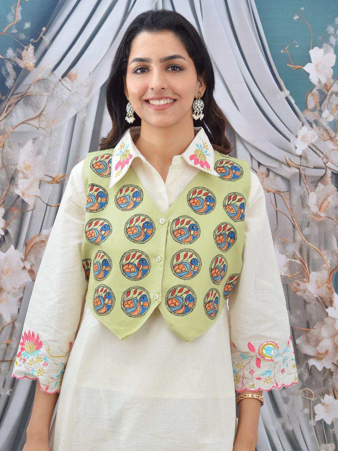 Pista Green Madhubani Hand Painted Woman’s Cotton Waistcoat