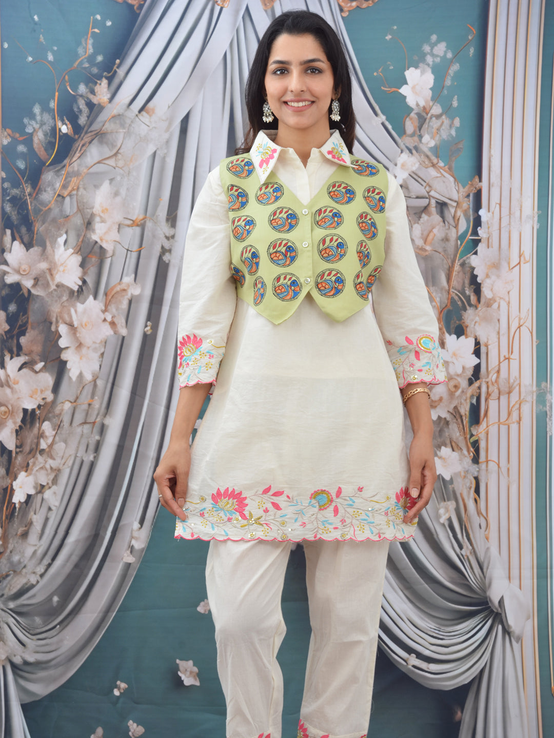 Pista Green Madhubani Hand Painted Woman’s Cotton Waistcoat