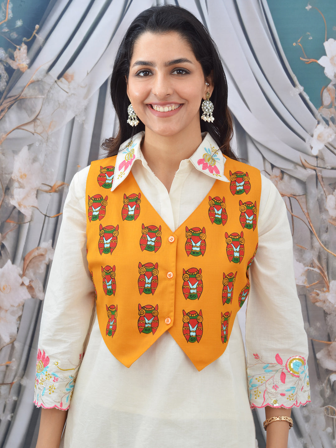 Mustard Madhubani Hand Painted Woman’s Cotton Waistcoat