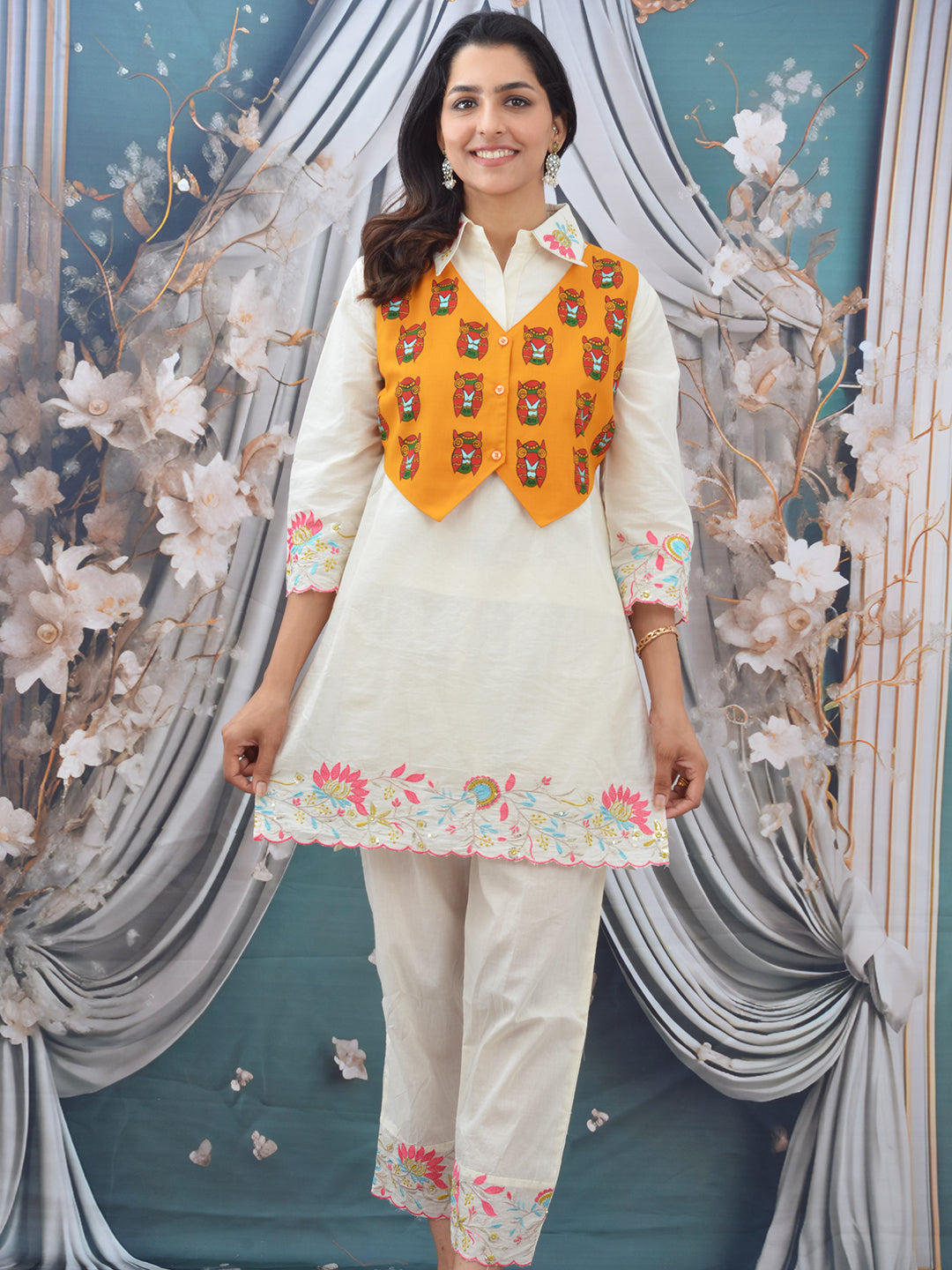 Mustard Madhubani Hand Painted Woman’s Cotton Waistcoat