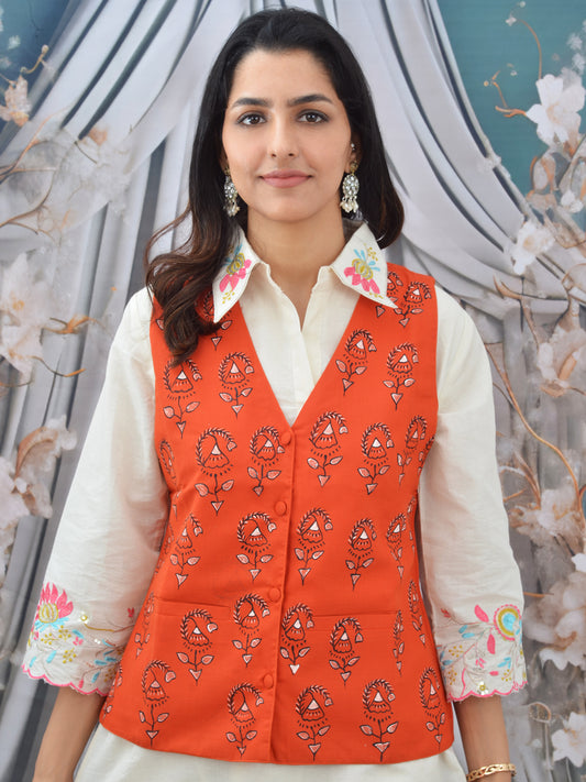 Hand-Painted Orange Madhubani Cotton Waistcoat for Women
