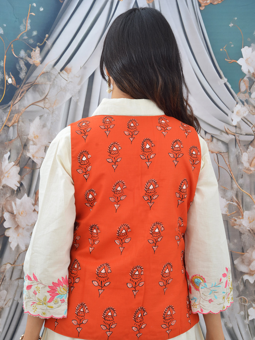 Hand-Painted Orange Madhubani Cotton Waistcoat for Women